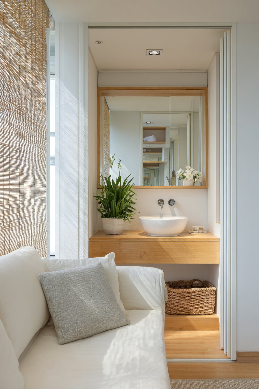 White vessel sink with privacy screen in studio