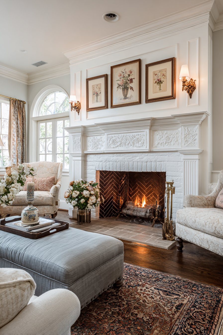 White painted brick fireplace with carved wooden mantel