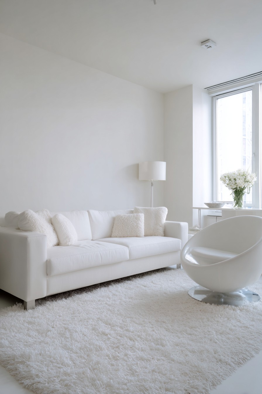 White walls, sofa, and rug creating seamless flow