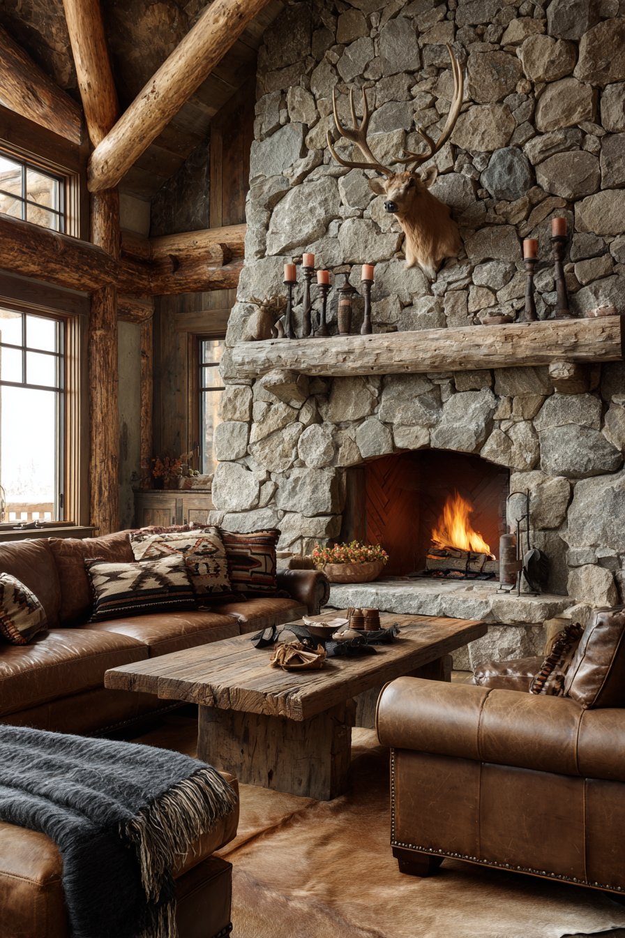 Floor-to-ceiling river rock fireplace with beam mantel
