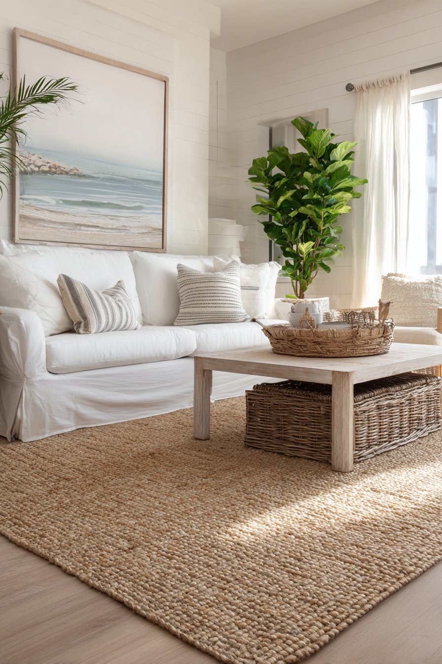 Thick woven jute rug in natural beige under coastal furniture