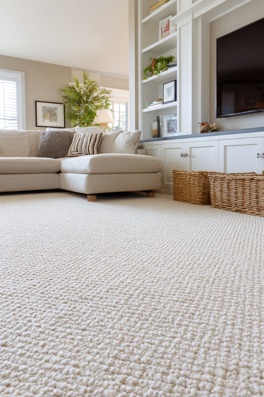 Multi-tone beige Berber loop carpet with furniture