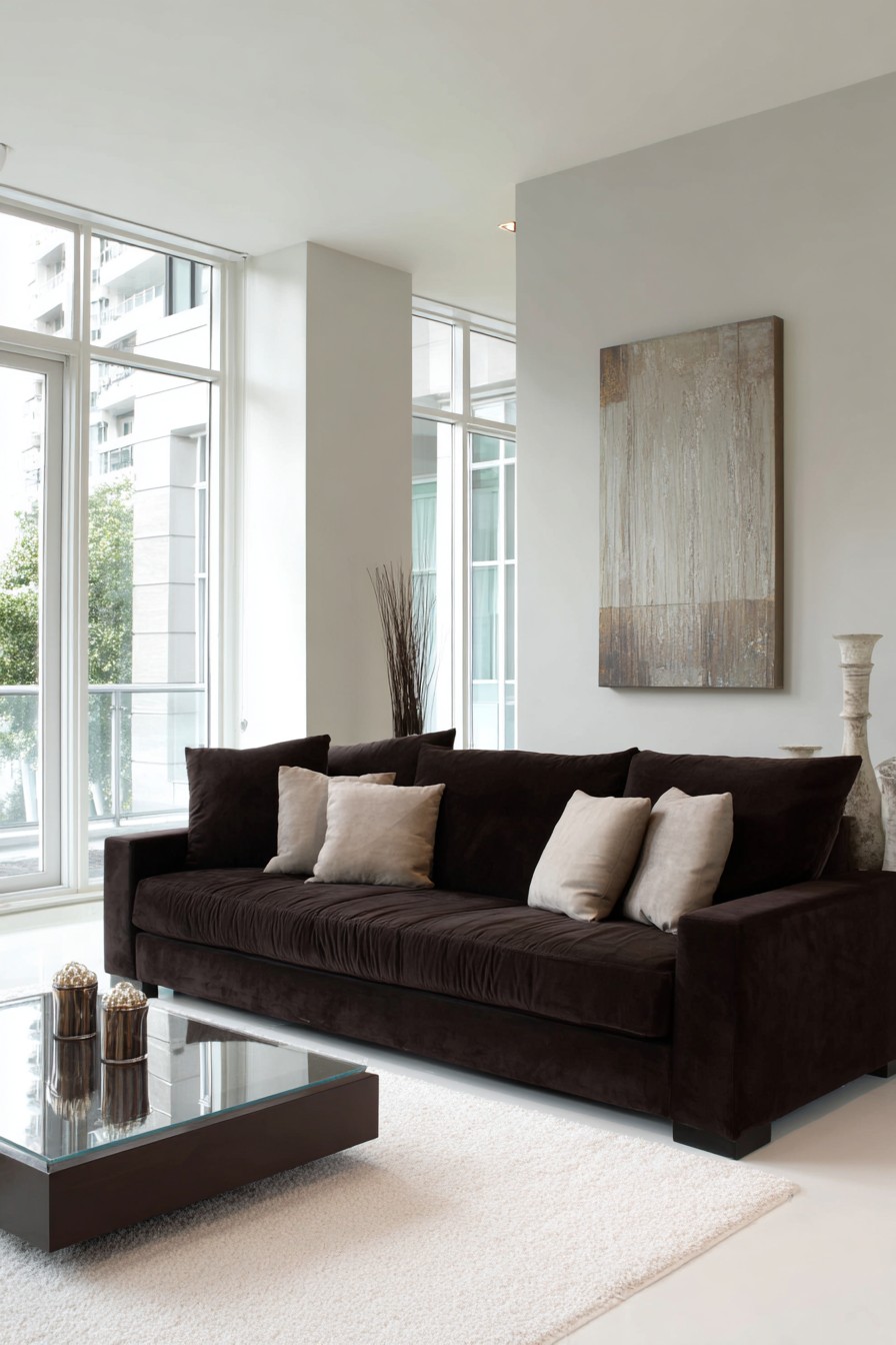 Sleek dark chocolate sofa with light grey walls