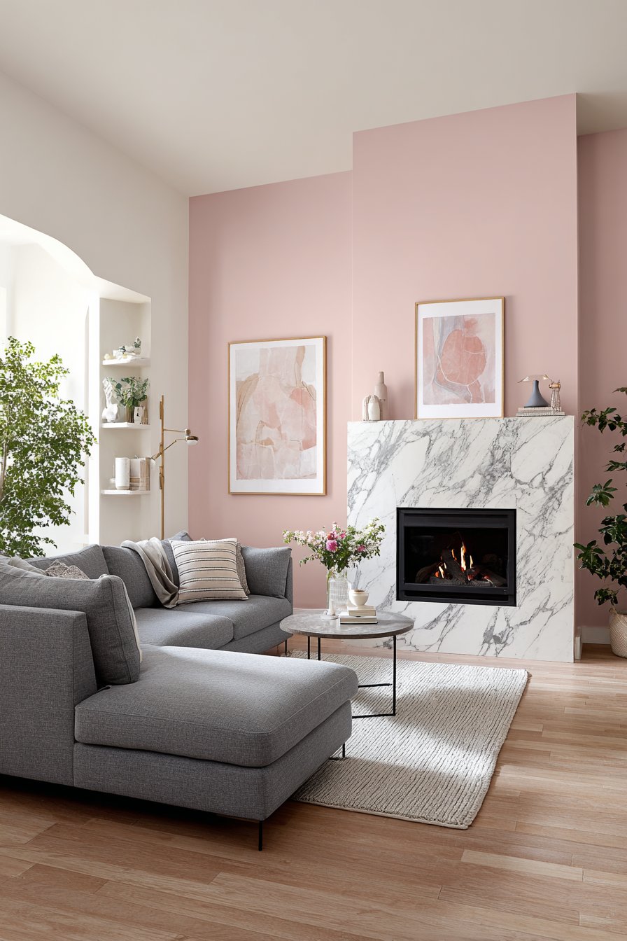 Single dusty rose wall with grey sectional sofa