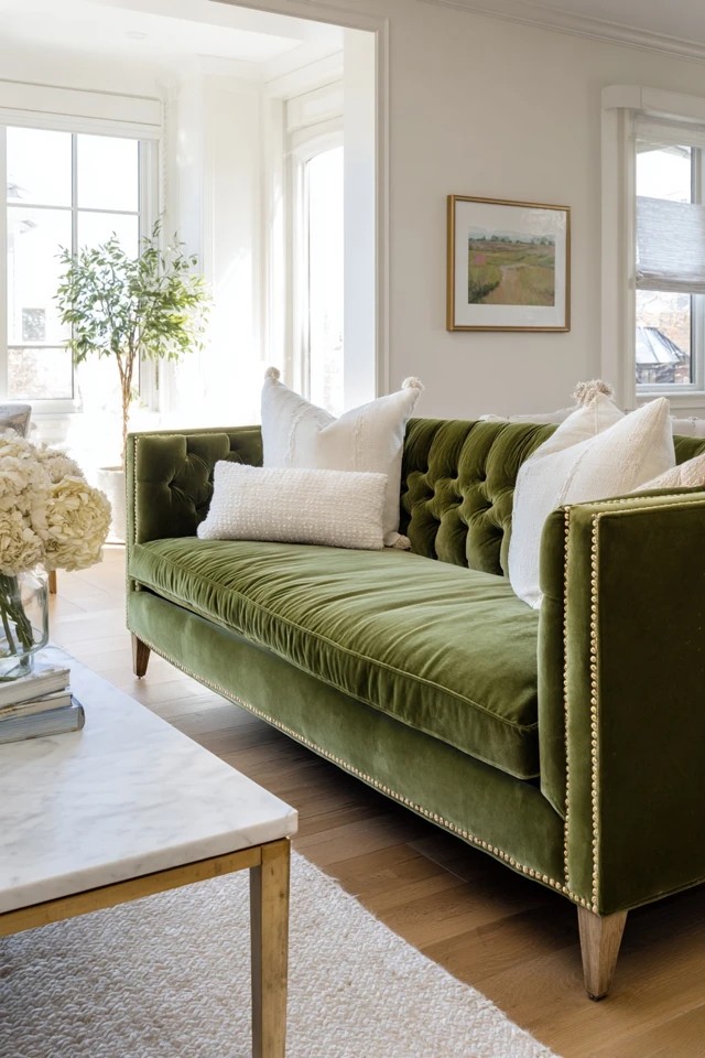 Deep sage green velvet sofa with brass accents