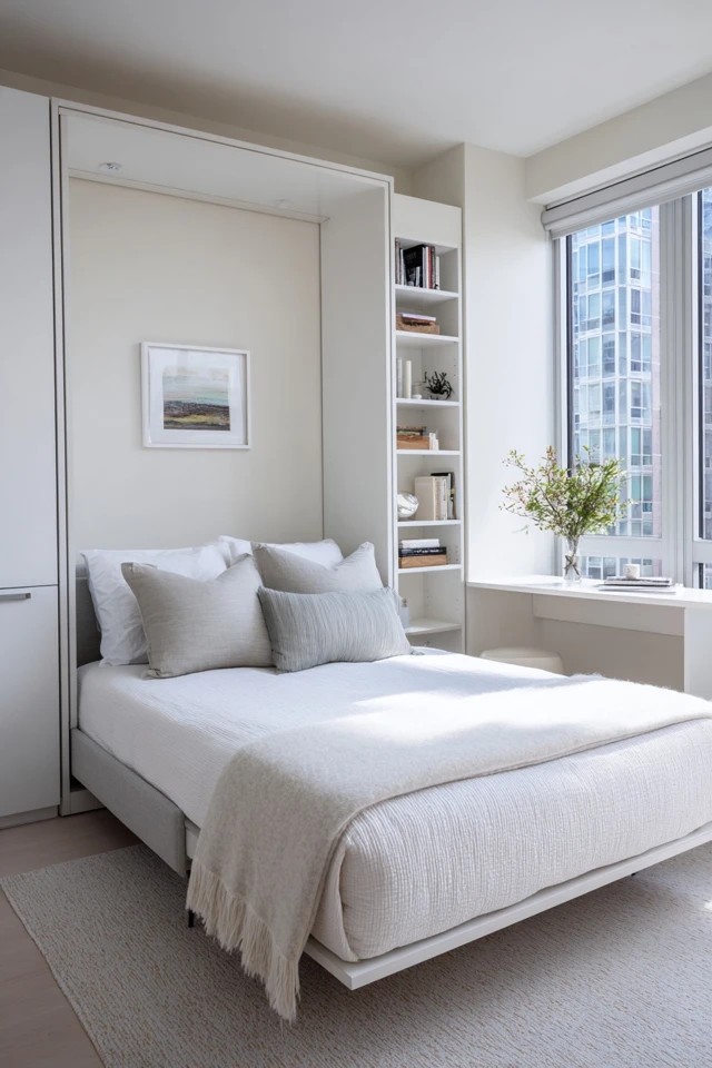 Wall bed folding into white cabinetry with desk