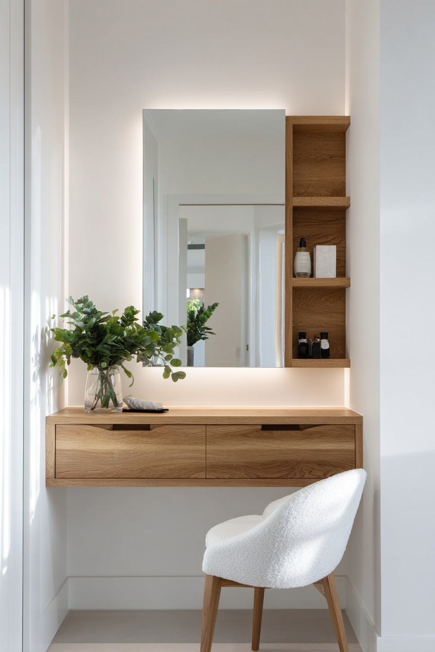 Wall-mounted oak shelf with LED lighting and mirror