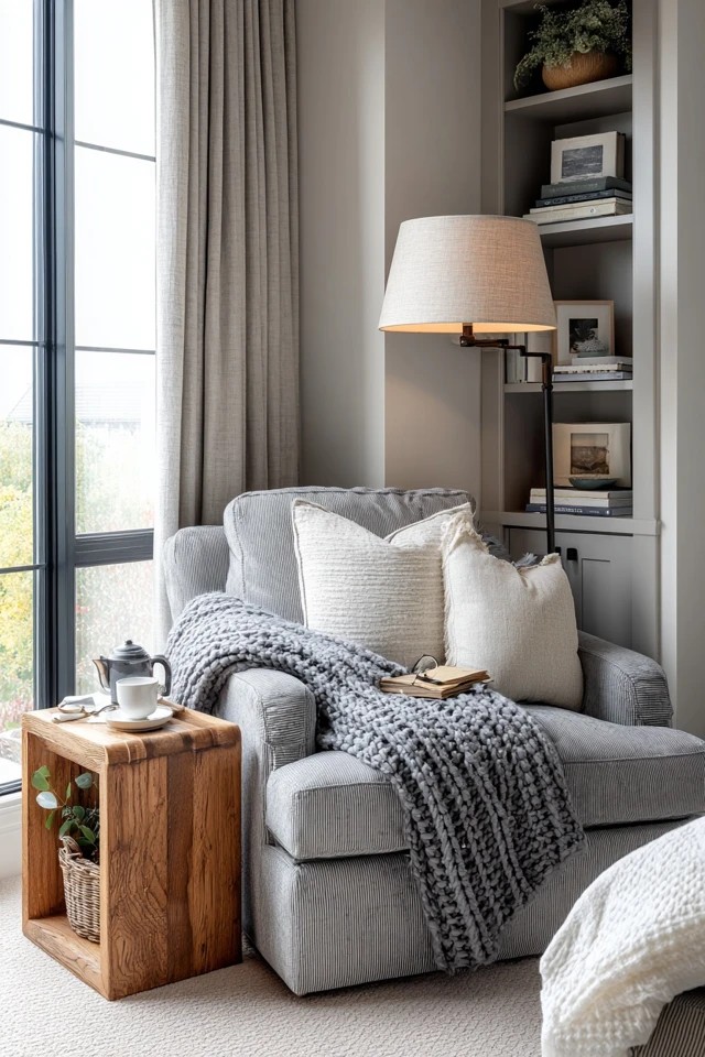 Plush grey armchair in corner with floor lamp and books