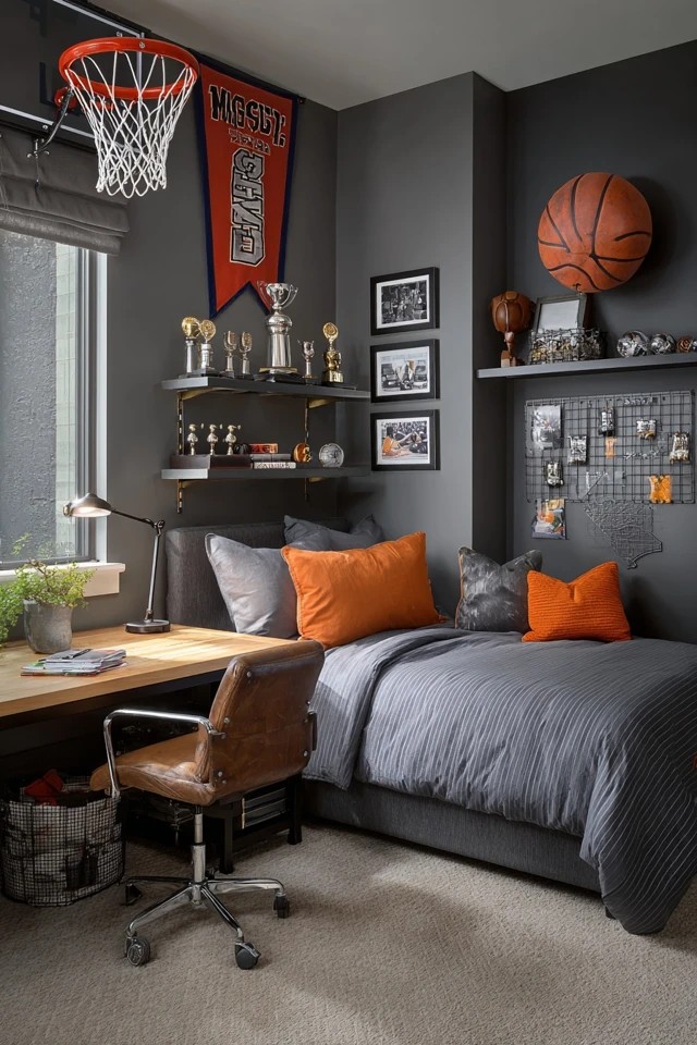 Basketball hoop over hamper with team pennants and grey walls