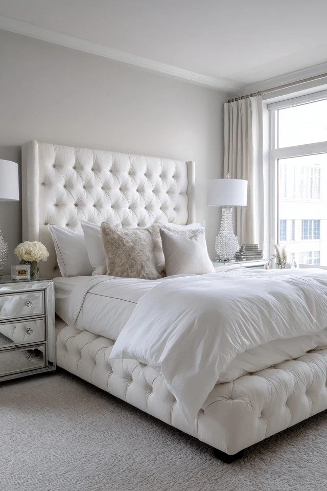 Oversized white tufted headboard with button detailing
