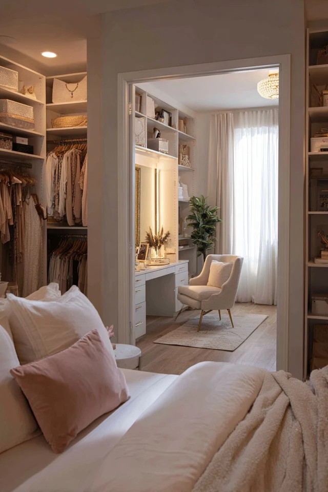 Built-in closet with shelving, jewelry organizer, and vanity