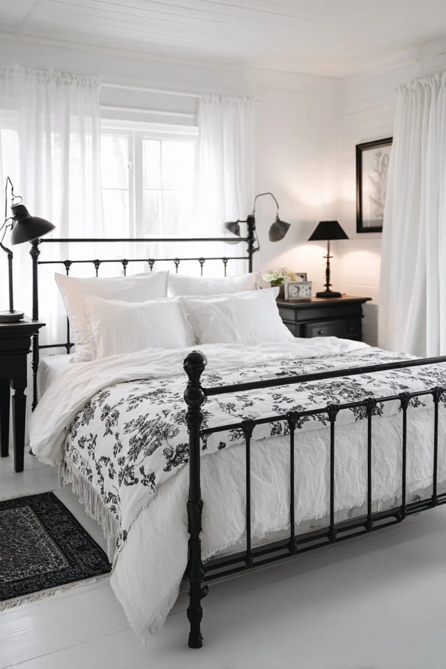 Vintage metal bed frame with white linen against white walls