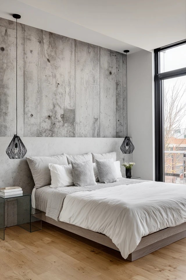 Raw concrete wall with smooth platform bed