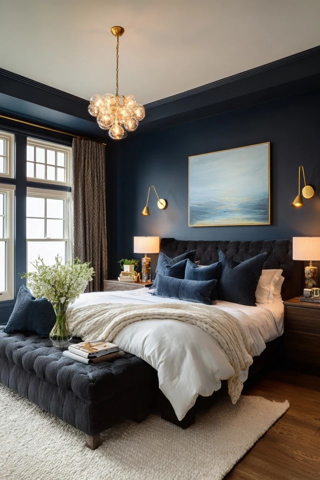 Deep blue walls with brass fixtures and white bedding