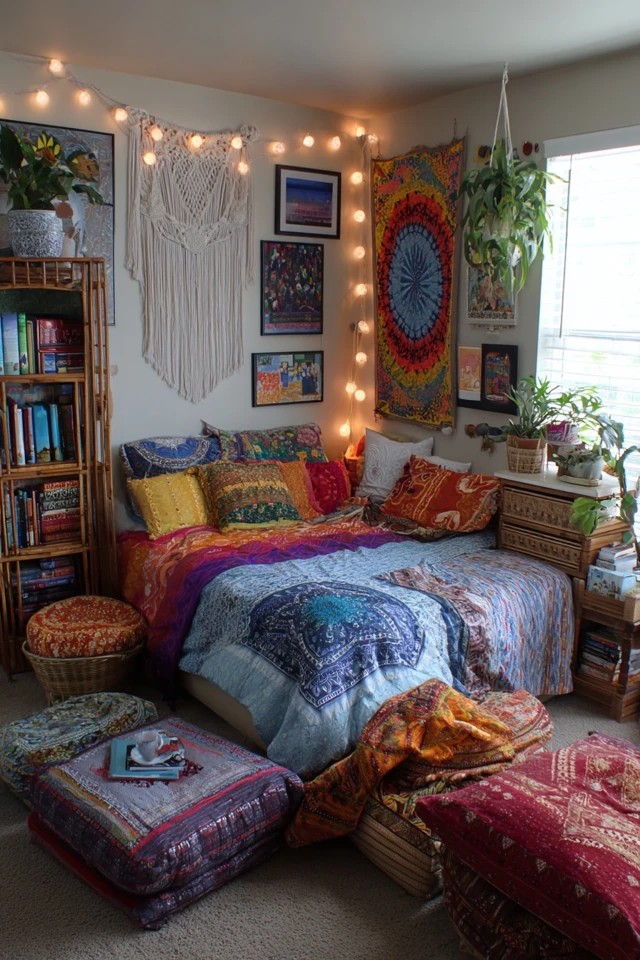 Macramé wall hanging with colorful textiles and plants