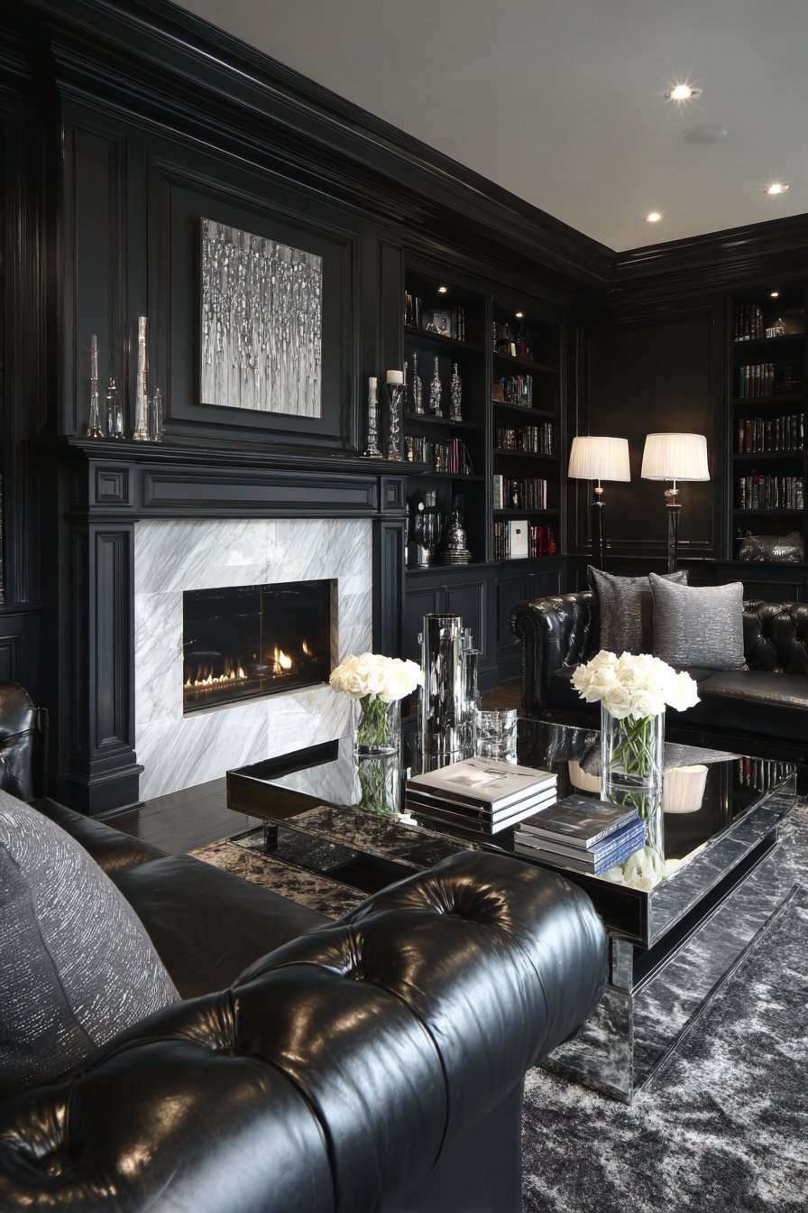 Black leather sofa with black built-ins and white fireplace