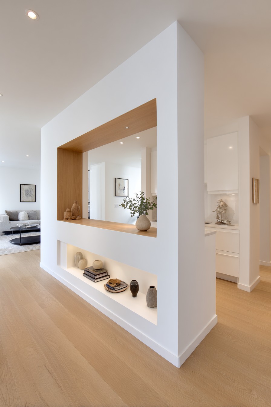 White half-wall with oak cap dividing living and entry