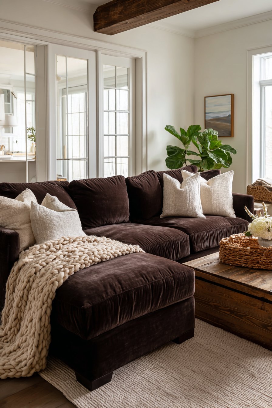 Deep chocolate brown velvet sectional with chunky knit