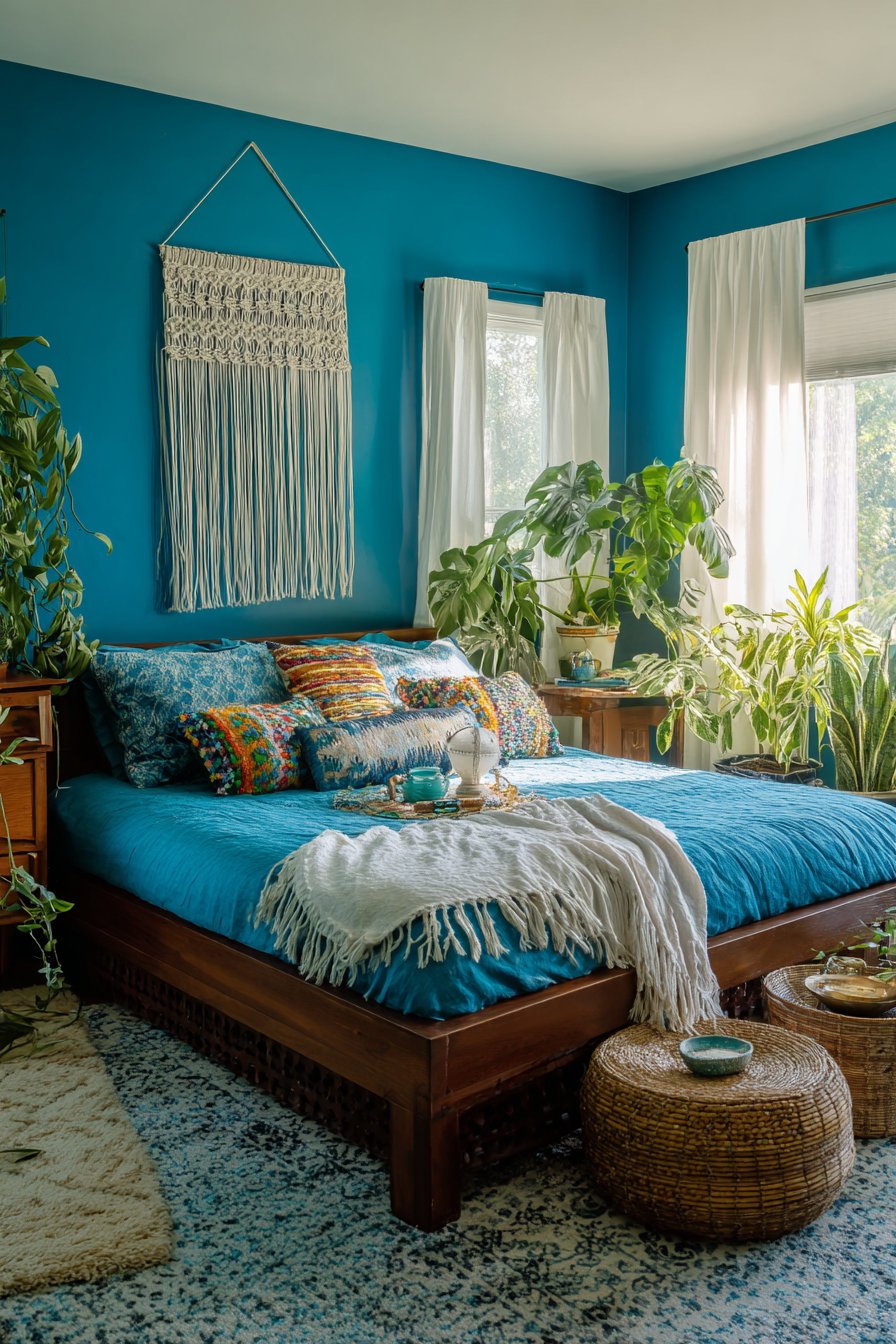 Bright blue-green walls with colorful textiles and macramé
