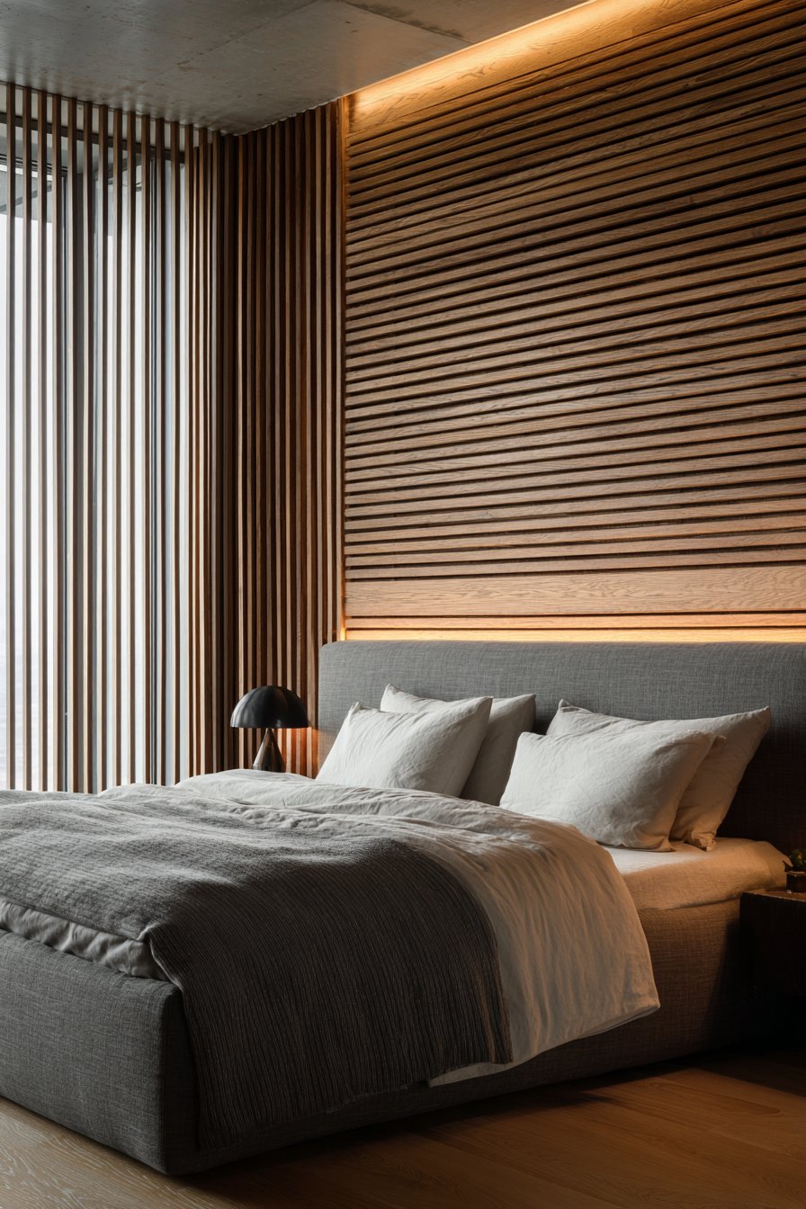 Natural wood planks with spacing and LED backlighting