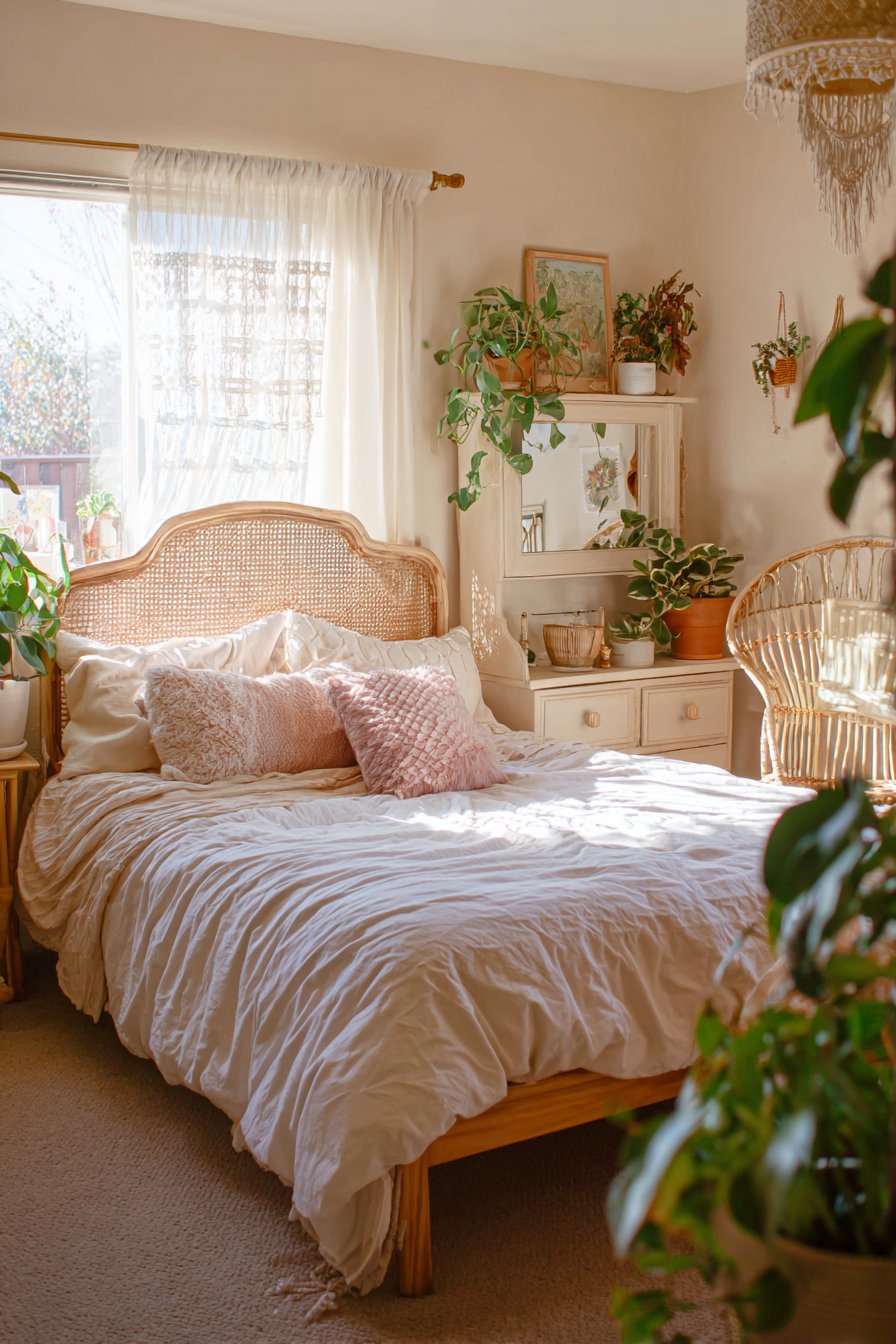 Multiple houseplants with natural materials and vintage pieces