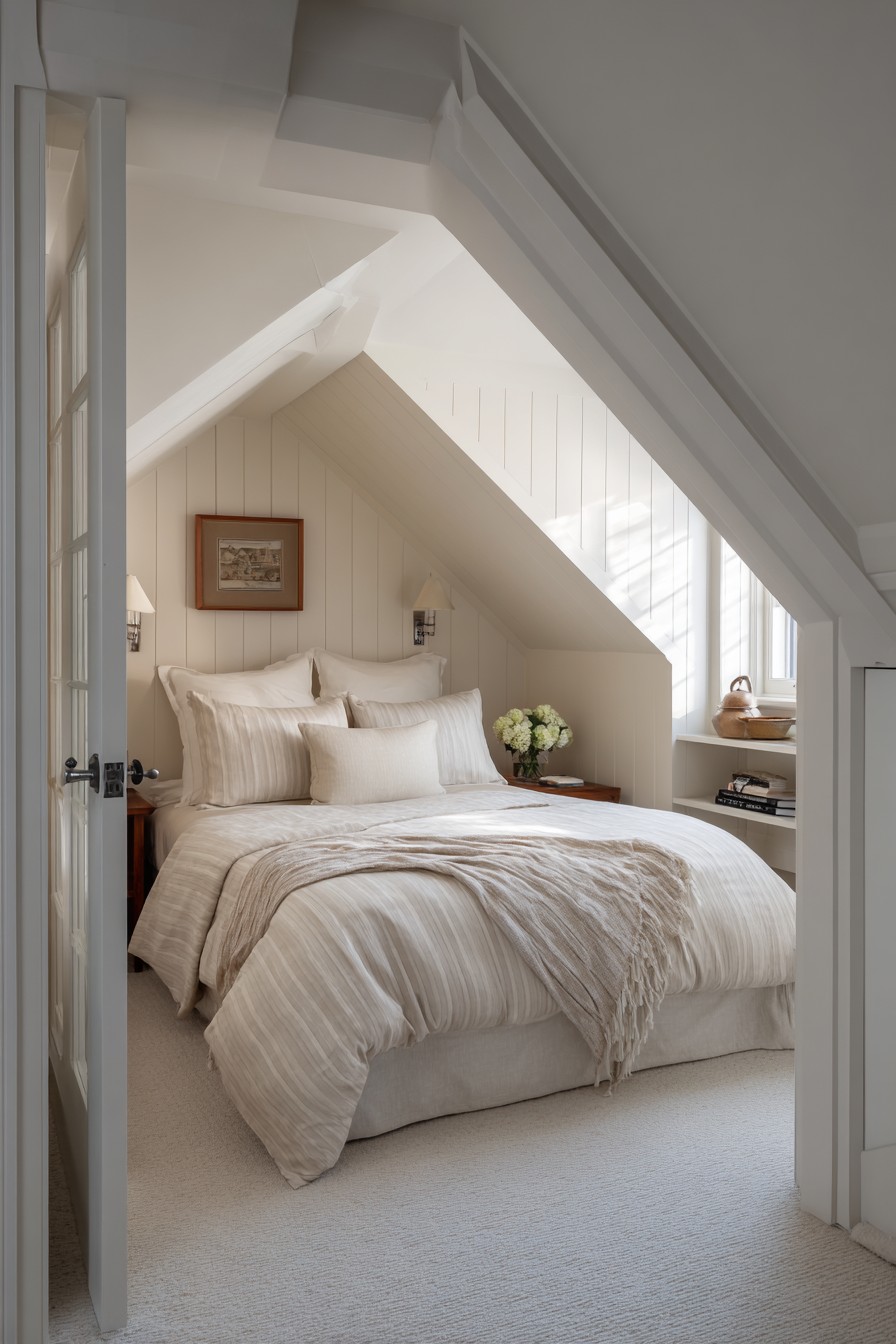 Double bed with compact bathroom in corner eaves