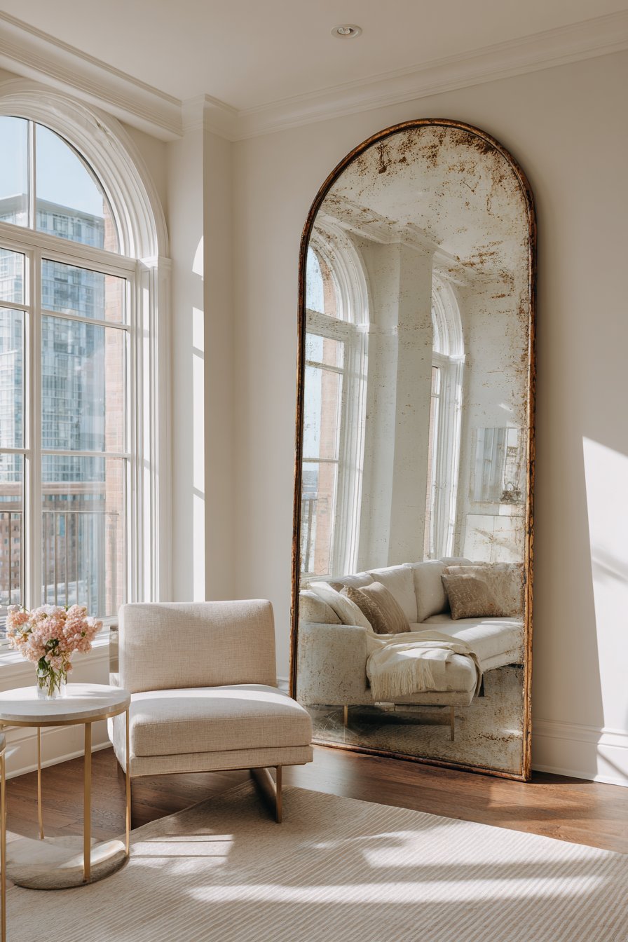 Tall arched brass mirror leaning beside reading chair