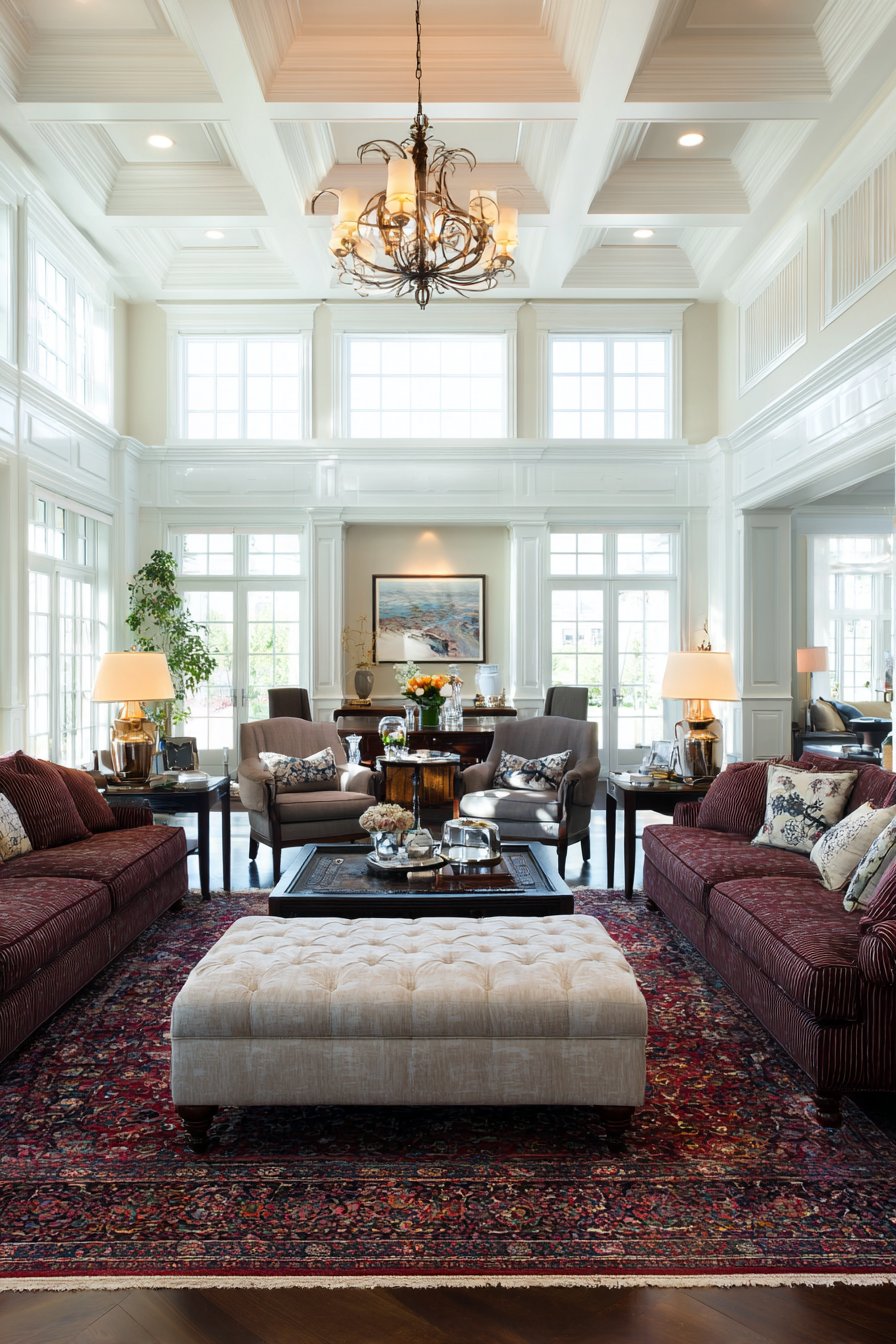 Traditional 25x18-foot living room with symmetrical sofas