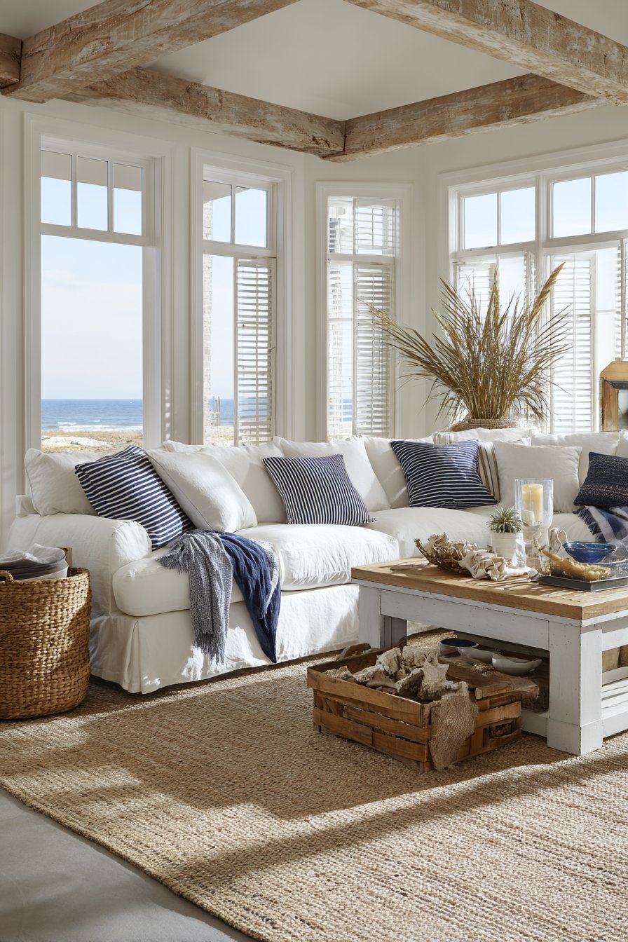 White denim slipcovered sectional in coastal living room