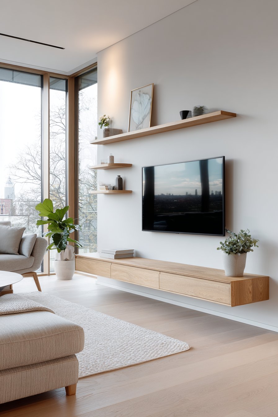 TV on white wall with light oak floating console