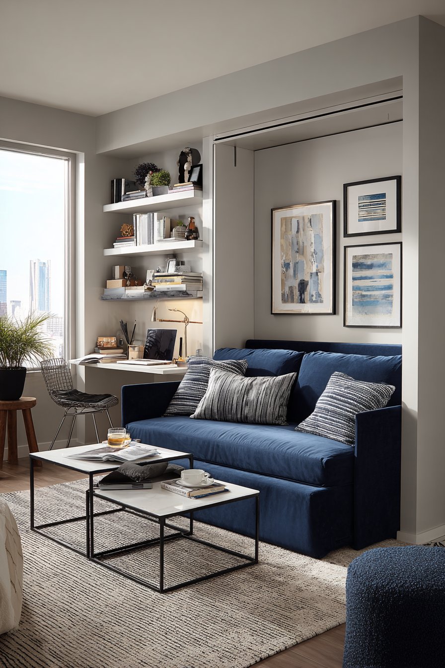 Navy sofa bed with nesting tables in studio