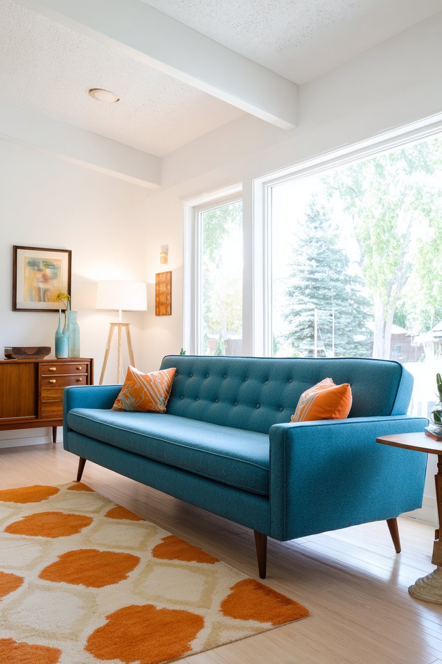 Teal blue mid-century sofa with tapered walnut legs and button tufting