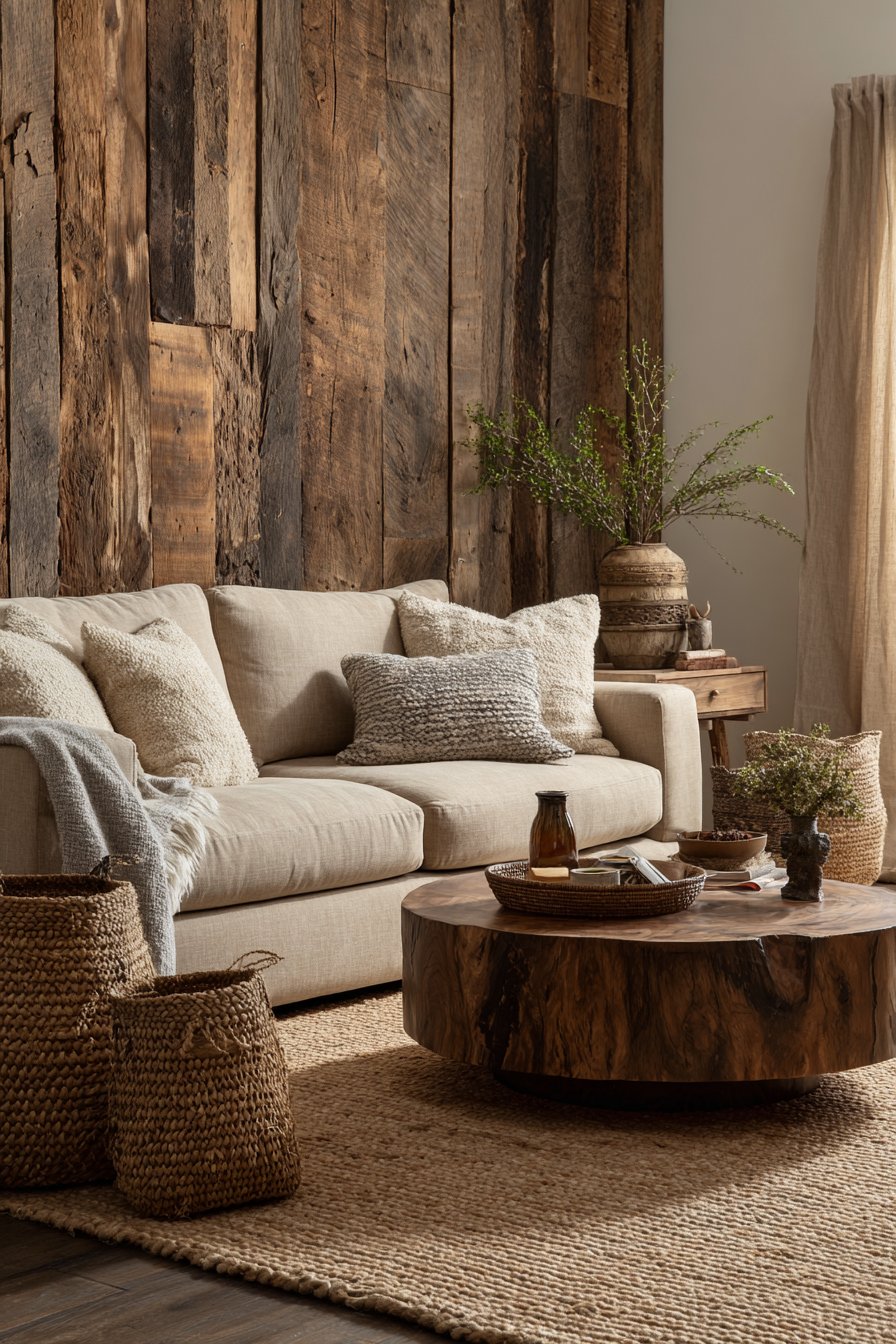 Weathered brown barn wood wall with beige sofa