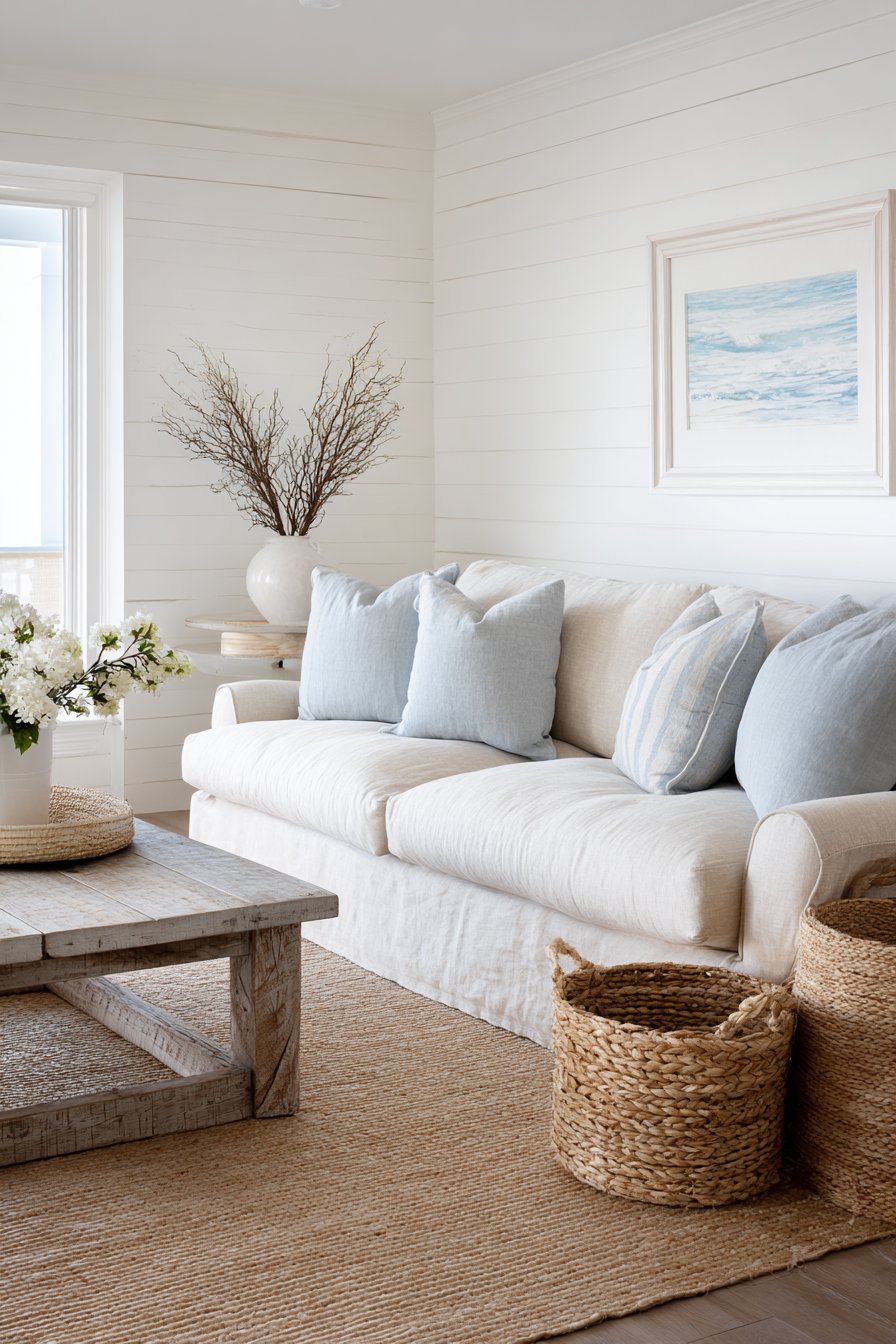 Sandy beige linen slipcover with sisal and driftwood