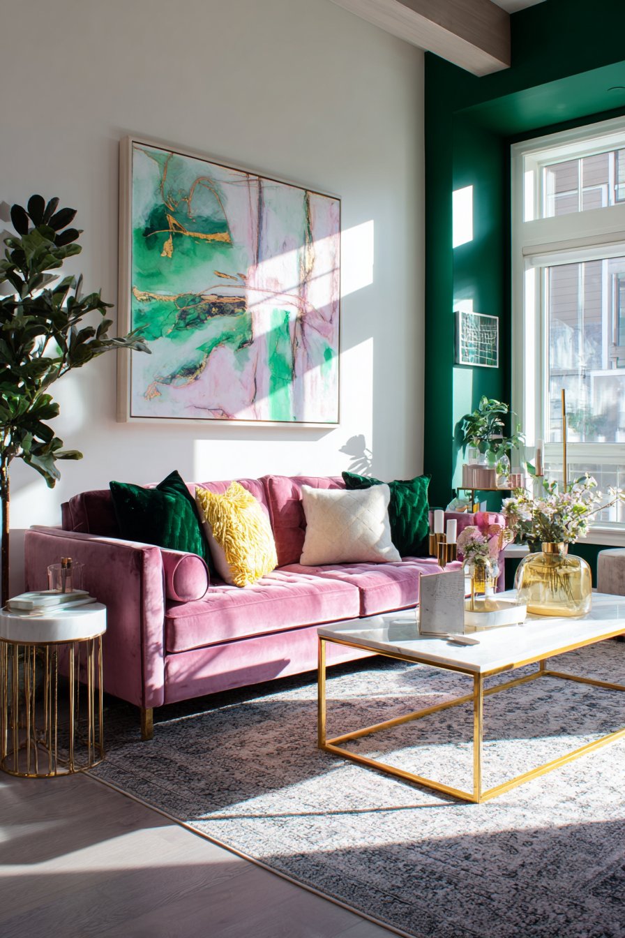 Deep emerald wall with pink velvet sofa