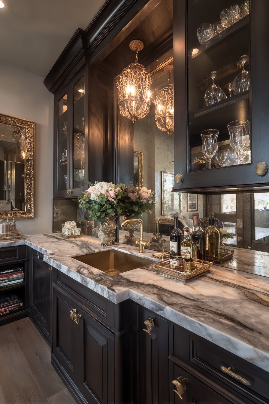 Brushed gold sink in marble countertop bar