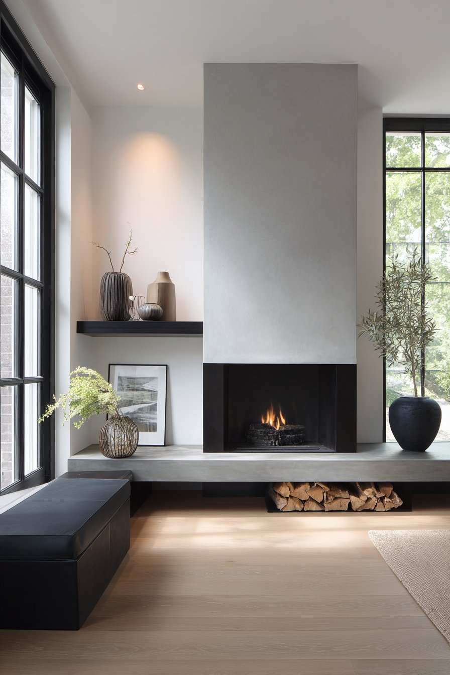 Sleek black fireplace with concrete hearth and minimal styling