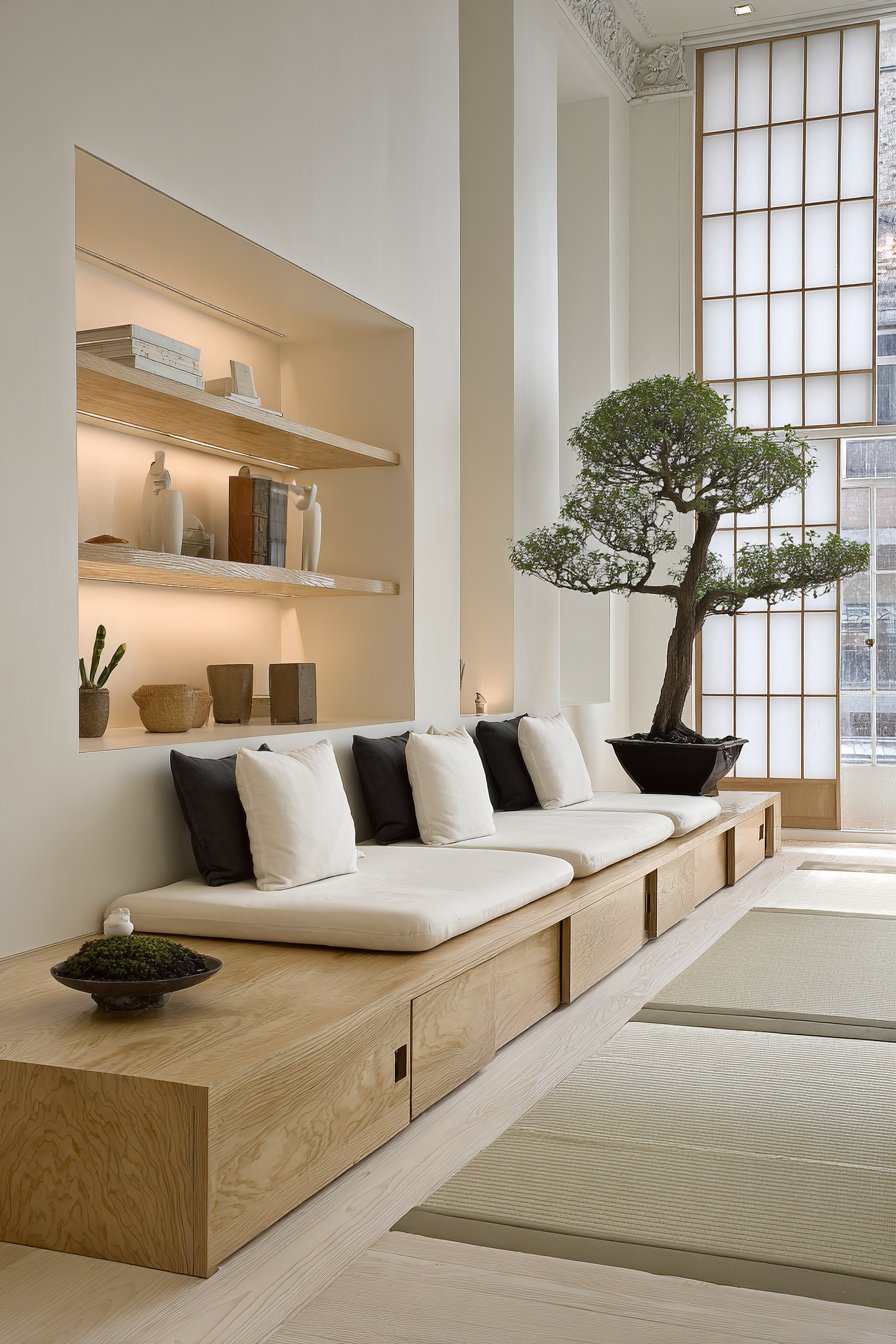 Low platform seating with tatami rug and single bonsai