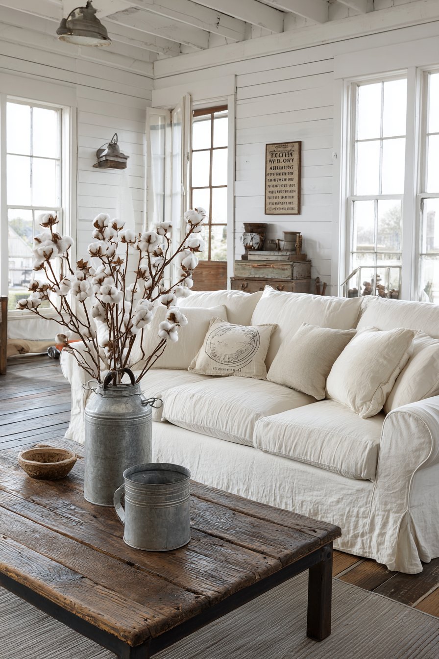 White shiplap with distressed furniture and galvanized metal