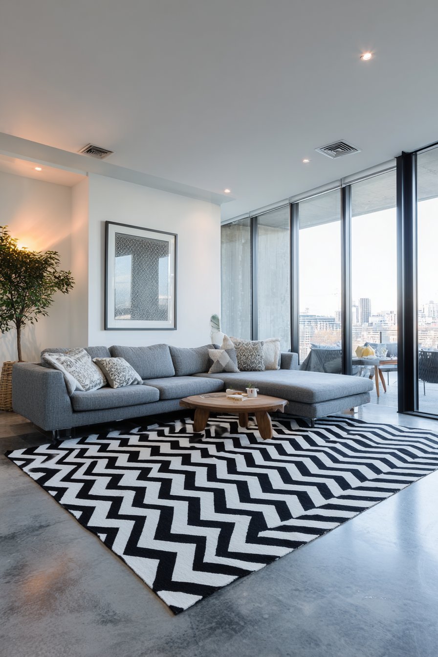 High-contrast chevron pattern in black, white, and grey