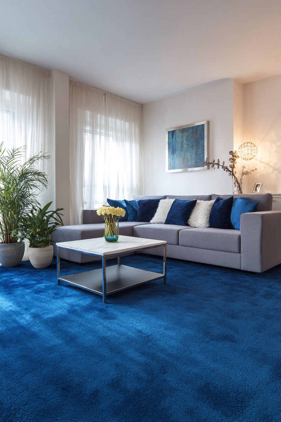 Rich navy blue wall-to-wall carpet with grey furniture