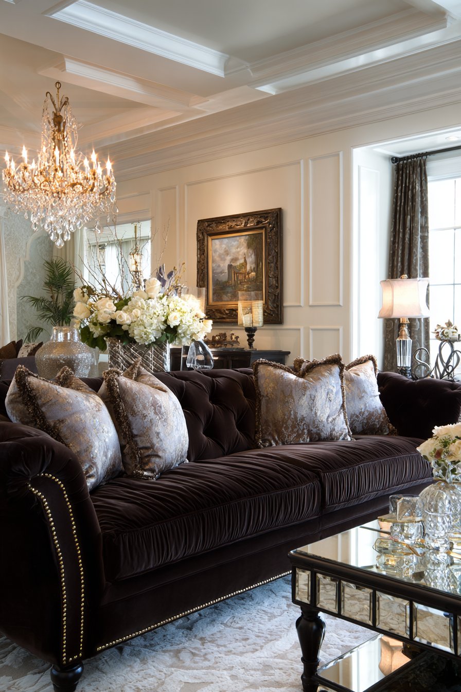 Deep brown velvet sofa with capitone tufting