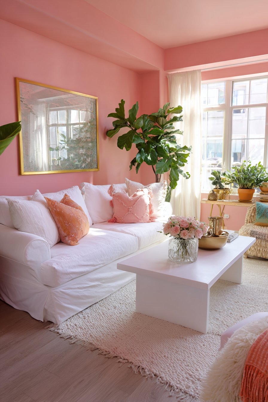 Peachy-pink walls with white furniture in apartment