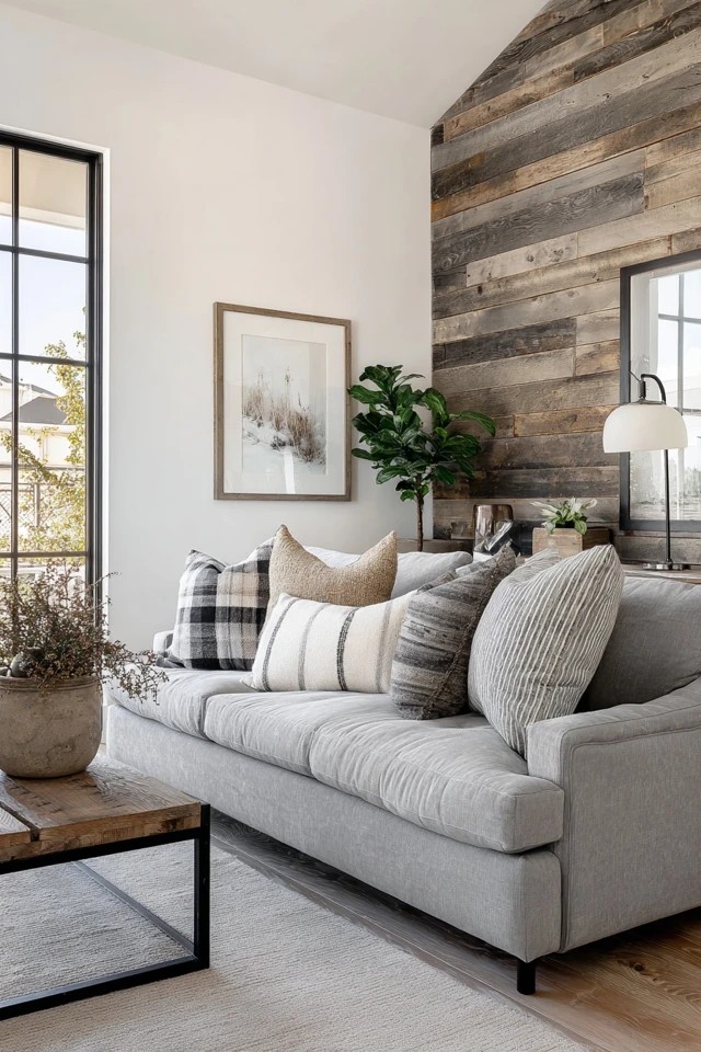 Grey linen sofa with reclaimed wood accent wall