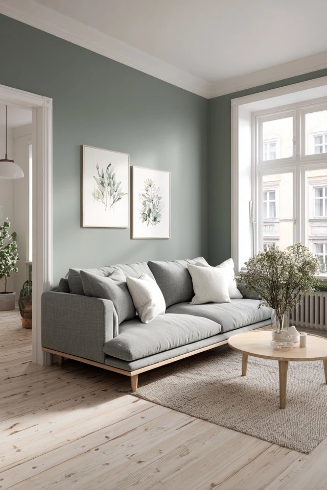 One sage wall with grey sofa in minimal room