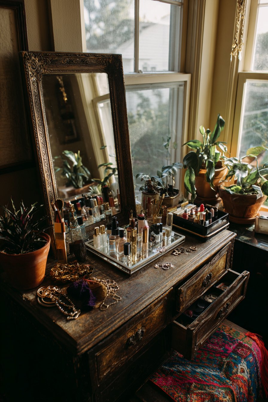 Antique wooden dresser with mirror and cosmetics display