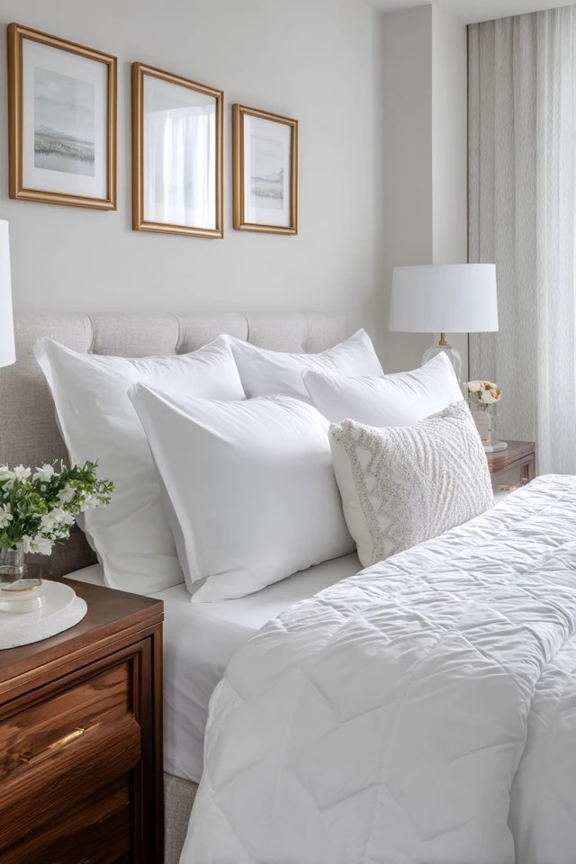 Crisp white layered bedding with multiple pillows and mints