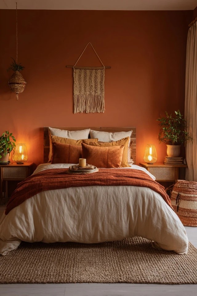 Soft terracotta walls with cream bedding and natural wood
