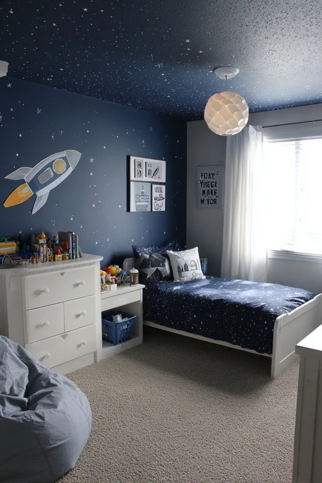 Dark blue ceiling with glow stars and rocket decals