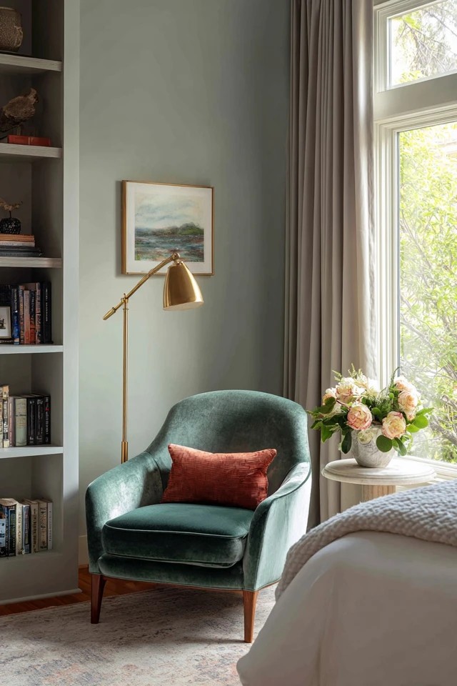 Velvet accent chair with brass floor lamp and bookshelf